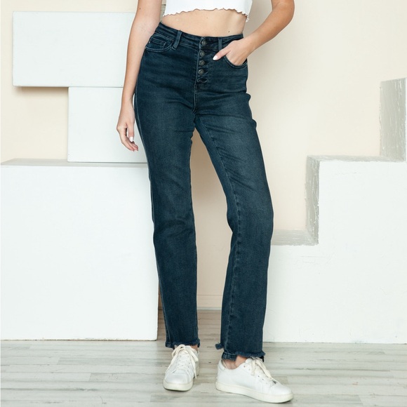 NWT Judy Blue PLUS + REG Size Burning Down Button Fly Raw Hem Straight Leg Jeans - Picture 2 of 9